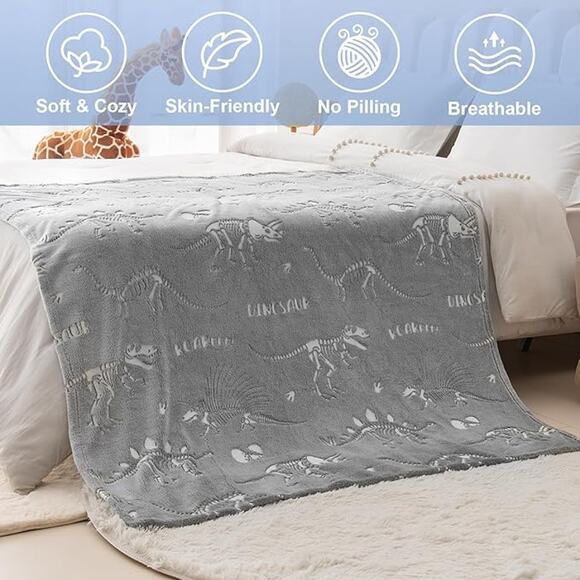 Dinosaur Gray Glow in The Dark Blanket- Soft Throw 50"x60" New in Package - Picture 2 of 4